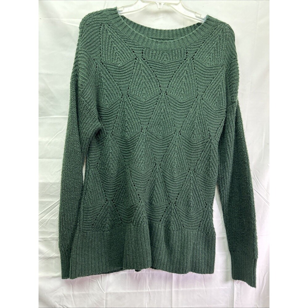 Sonoma Womens M Green Pointelle Open Knit Sweater Cotton Blend Crew Neck